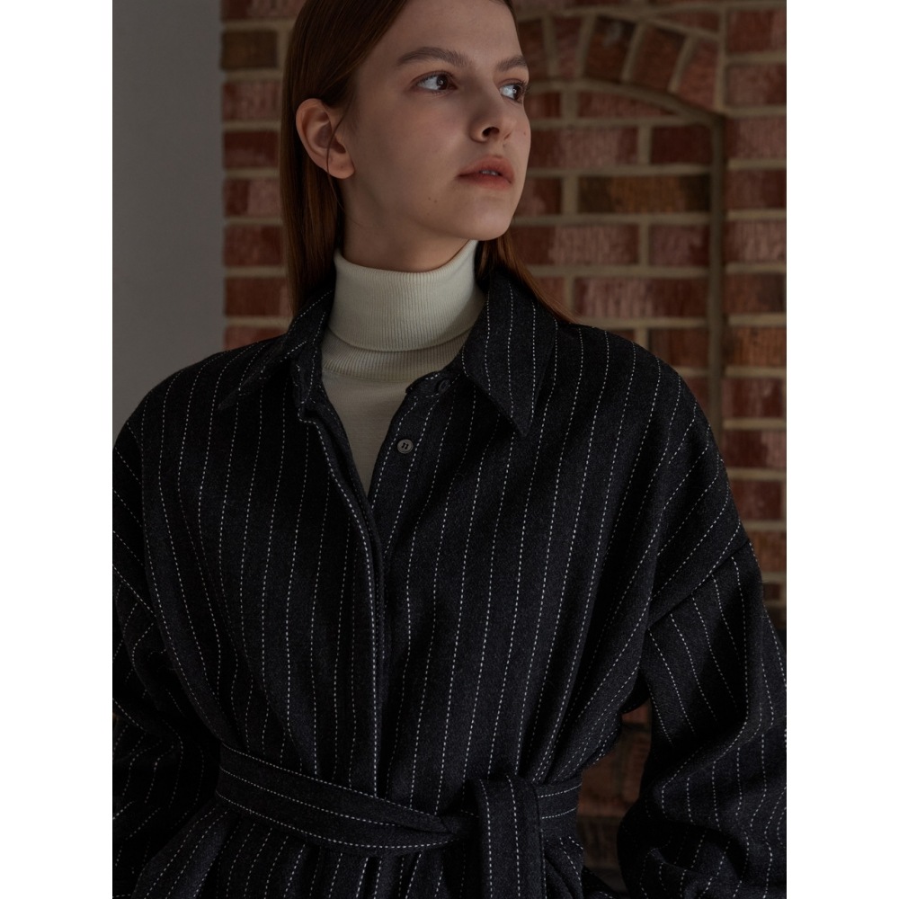 アムールモイエストライプベルト付きシャツチャコール amr1735