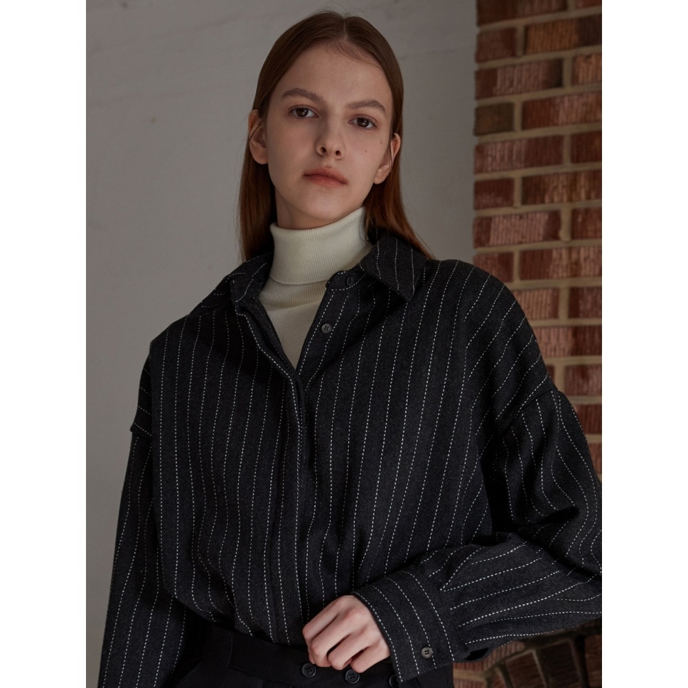 アムールモイエストライプベルト付きシャツチャコール amr1735