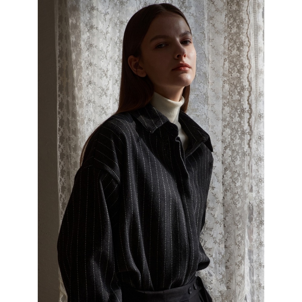 アムールモイエストライプベルト付きシャツチャコール amr1735