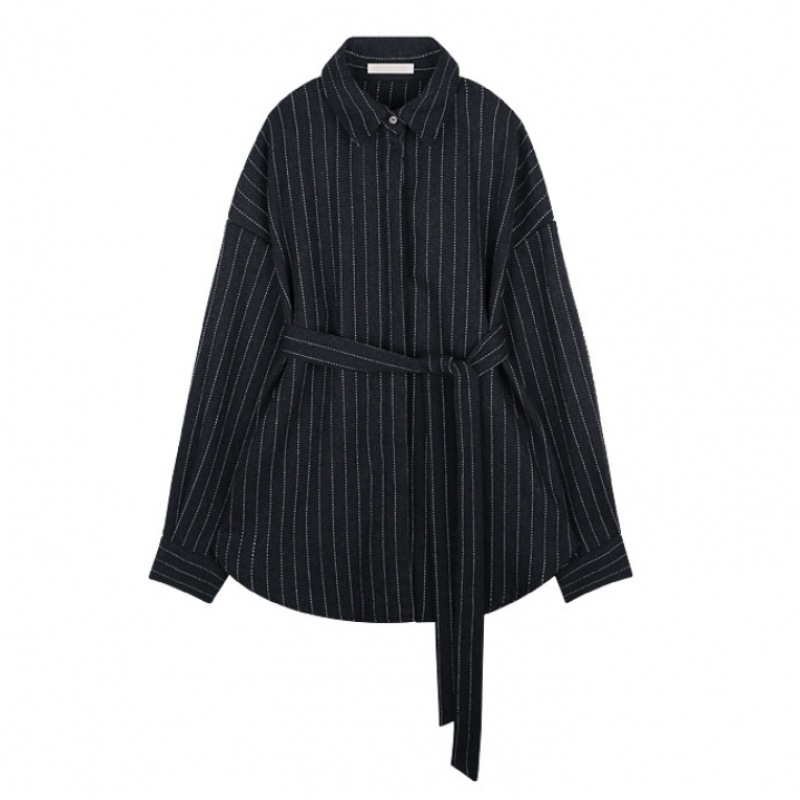 アムールモイエストライプベルト付きシャツチャコール amr1735