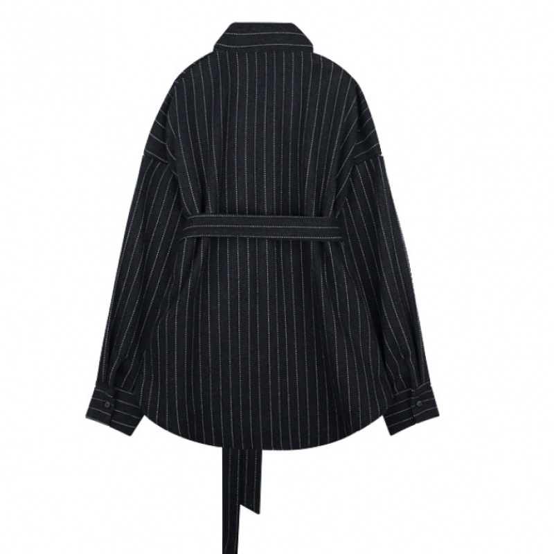 アムールモイエストライプベルト付きシャツチャコール amr1735