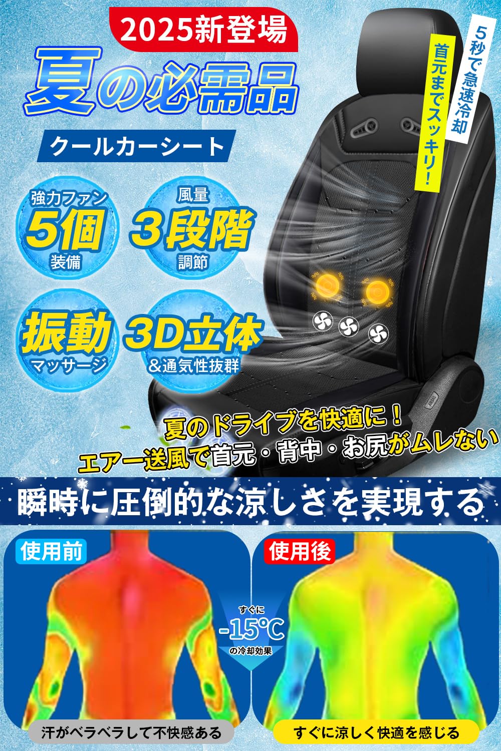 クールシート 車 2025夏 シートカバー 超大型ファン2個+3個強力ファン 立体通気孔 3D立体メッシュ 冷風送風 3段階調節 高速回転 カーシート カバー マッサージ機能 車用 41399