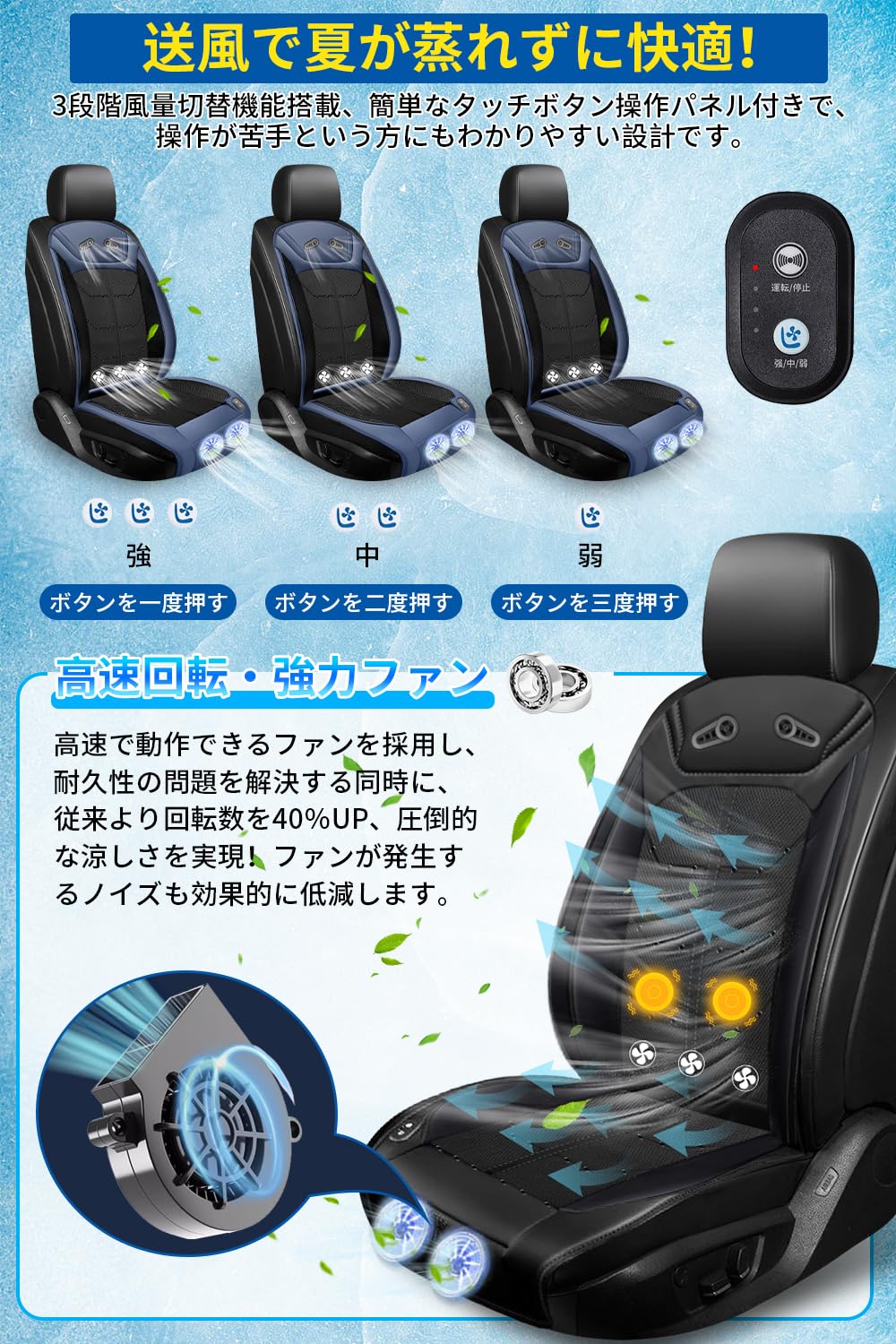 クールシート 車 2025夏 シートカバー 超大型ファン2個+3個強力ファン 立体通気孔 3D立体メッシュ 冷風送風 3段階調節 高速回転 カーシート カバー マッサージ機能 車用 41399