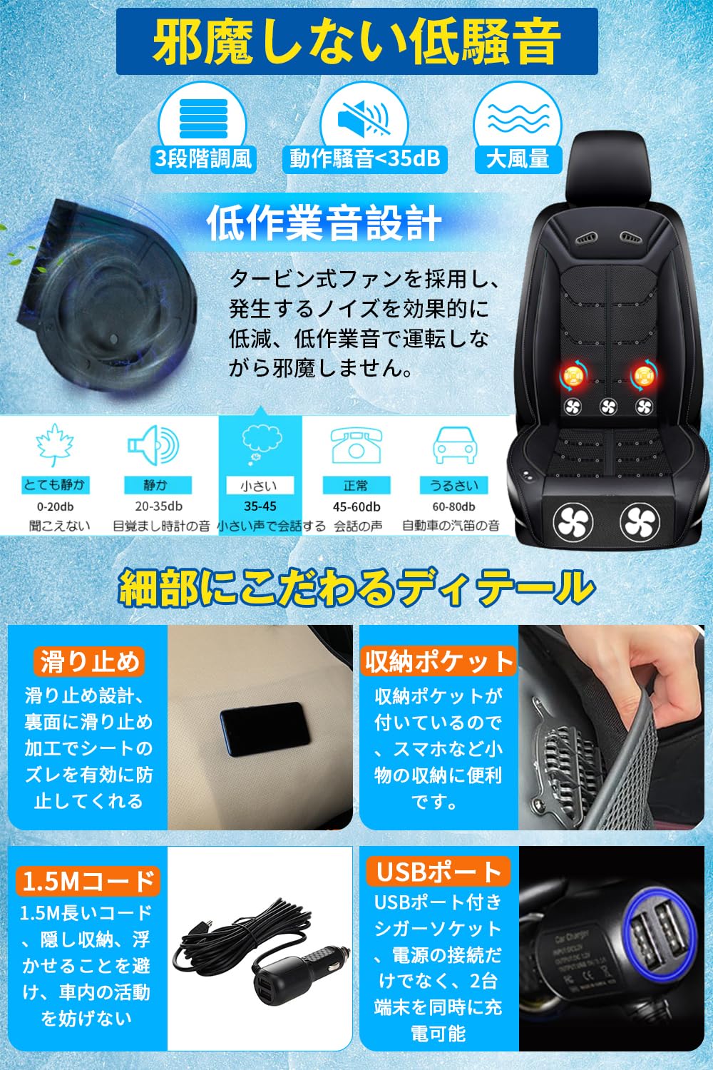 クールシート 車 2025夏 シートカバー 超大型ファン2個+3個強力ファン 立体通気孔 3D立体メッシュ 冷風送風 3段階調節 高速回転 カーシート カバー マッサージ機能 車用 41399