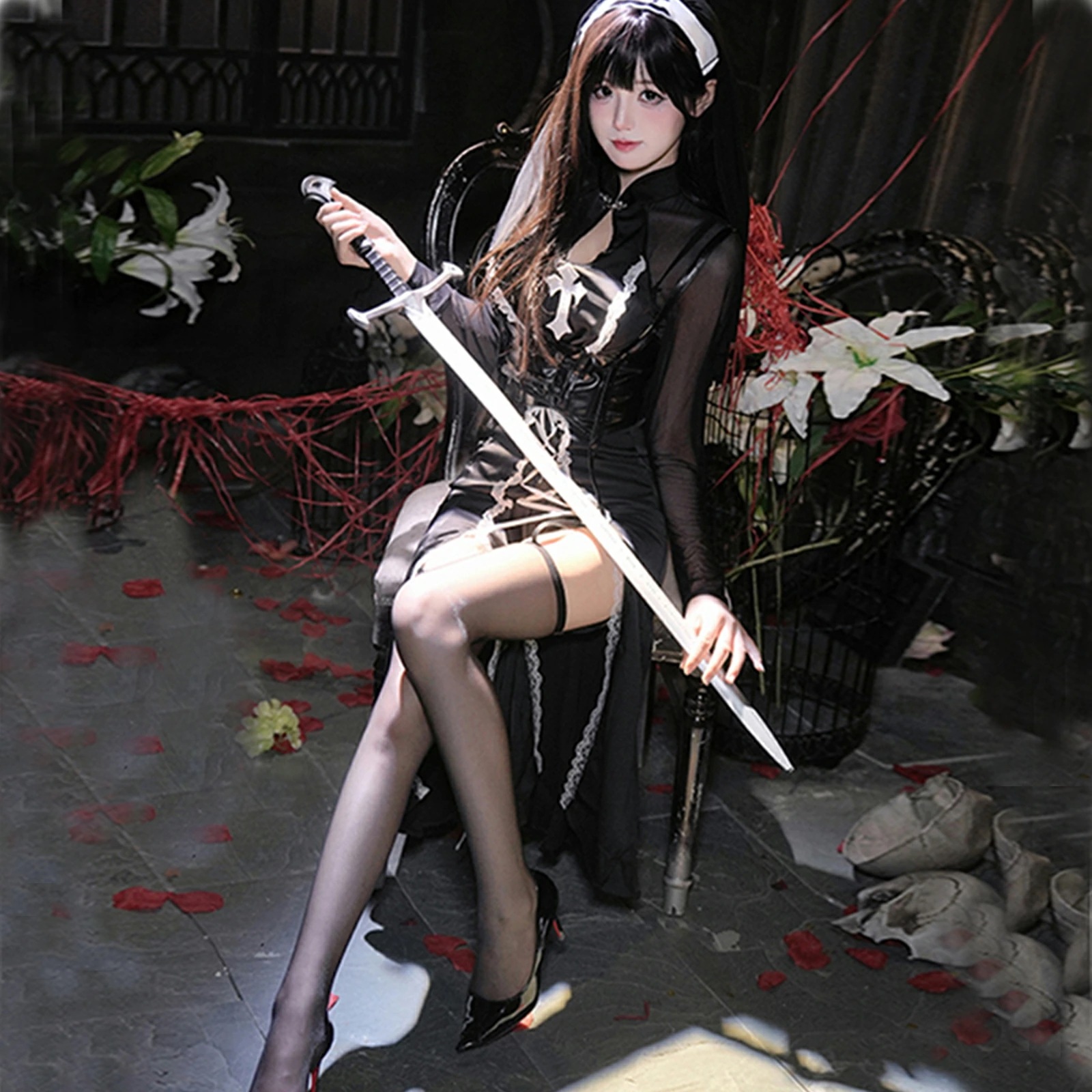 【予約】 修道女コスチューム3点セット セクシーシスター衣装(ドレス+ヴェール+ベルト)ハロウィン コスプレ メイド ランジェリー風 かわいい ブラック 女性用 衣装セット レディースワンサイズ 【予約】 修道女コスチューム3点セット セクシーシスター衣装(ドレス+ヴェール+ベルト)ハロウィン コスプレ メイド ランジェリー風 かわいい ブラック 女性用 衣装セット レディースワンサイズ