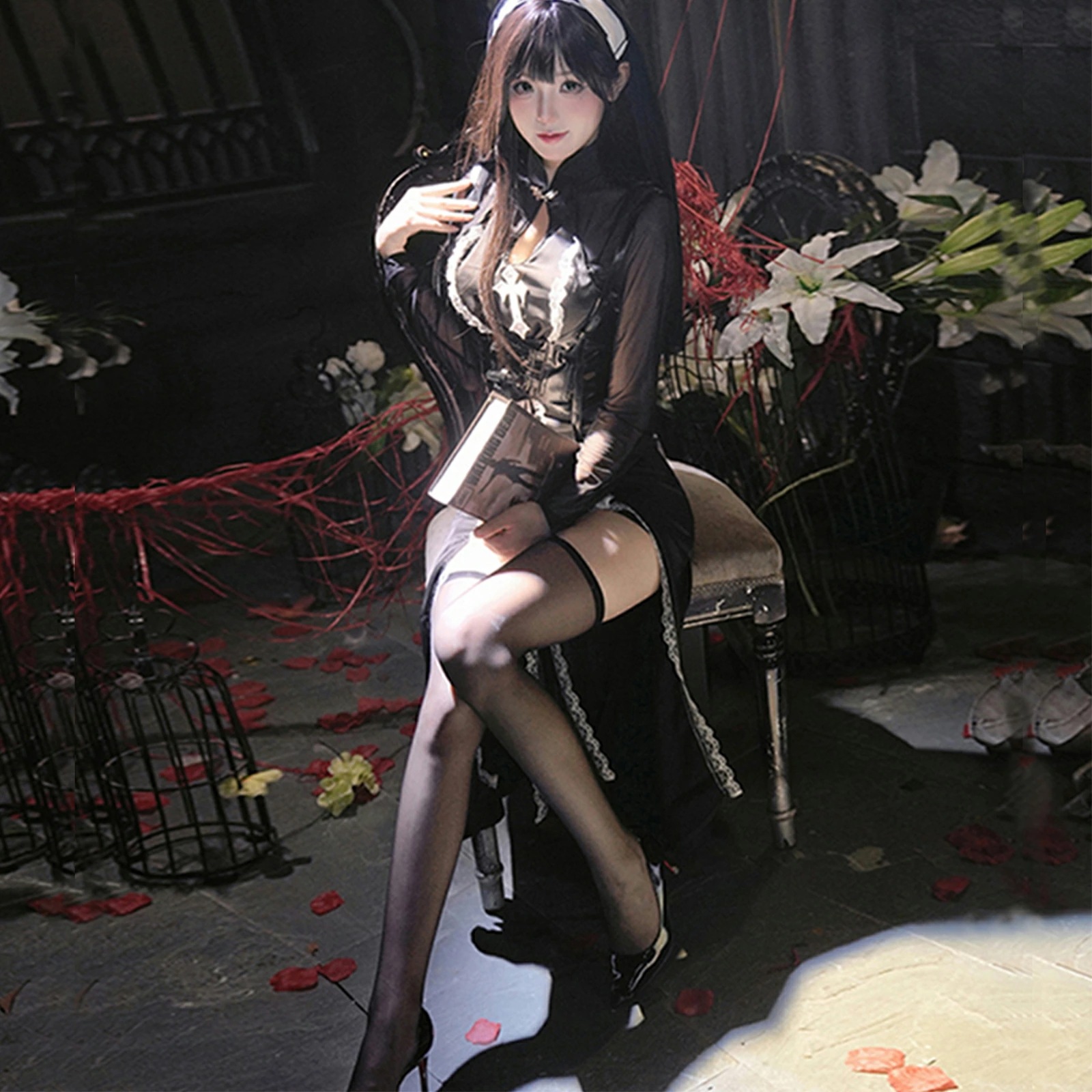 【予約】 修道女コスチューム3点セット セクシーシスター衣装(ドレス+ヴェール+ベルト)ハロウィン コスプレ メイド ランジェリー風 かわいい ブラック 女性用 衣装セット レディースワンサイズ 【予約】 修道女コスチューム3点セット セクシーシスター衣装(ドレス+ヴェール+ベルト)ハロウィン コスプレ メイド ランジェリー風 かわいい ブラック 女性用 衣装セット レディースワンサイズ