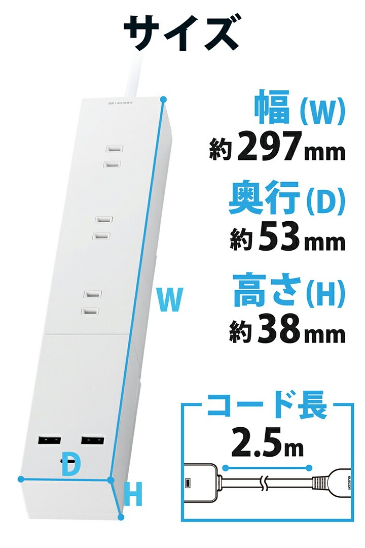 USBタップ 32W モジュール型 Cx1 Ax2 ACx3 ケーブル長 2.5m ホワイト ECT-23325WH USBタップ 32W モジュール型 Cx1 Ax2 ACx3 ケーブル長 2.5m ホワイト ECT-23325WH