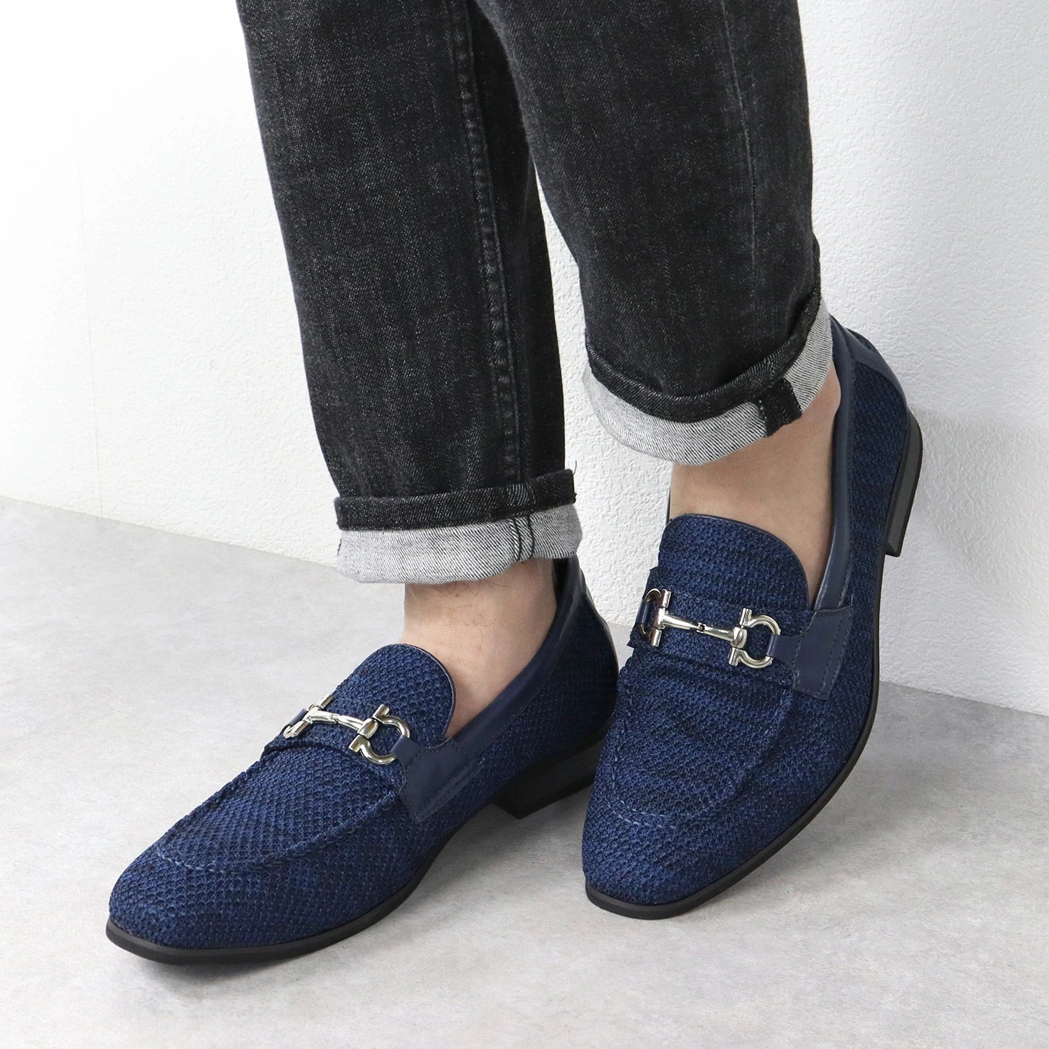 ローファー メンズ おしゃれ ビット 幅広 3E 歩きやすい シンプル カジュアル Uチップ メッシュ 2.5cmヒール 6325 青 ネイビー グレー Dedes