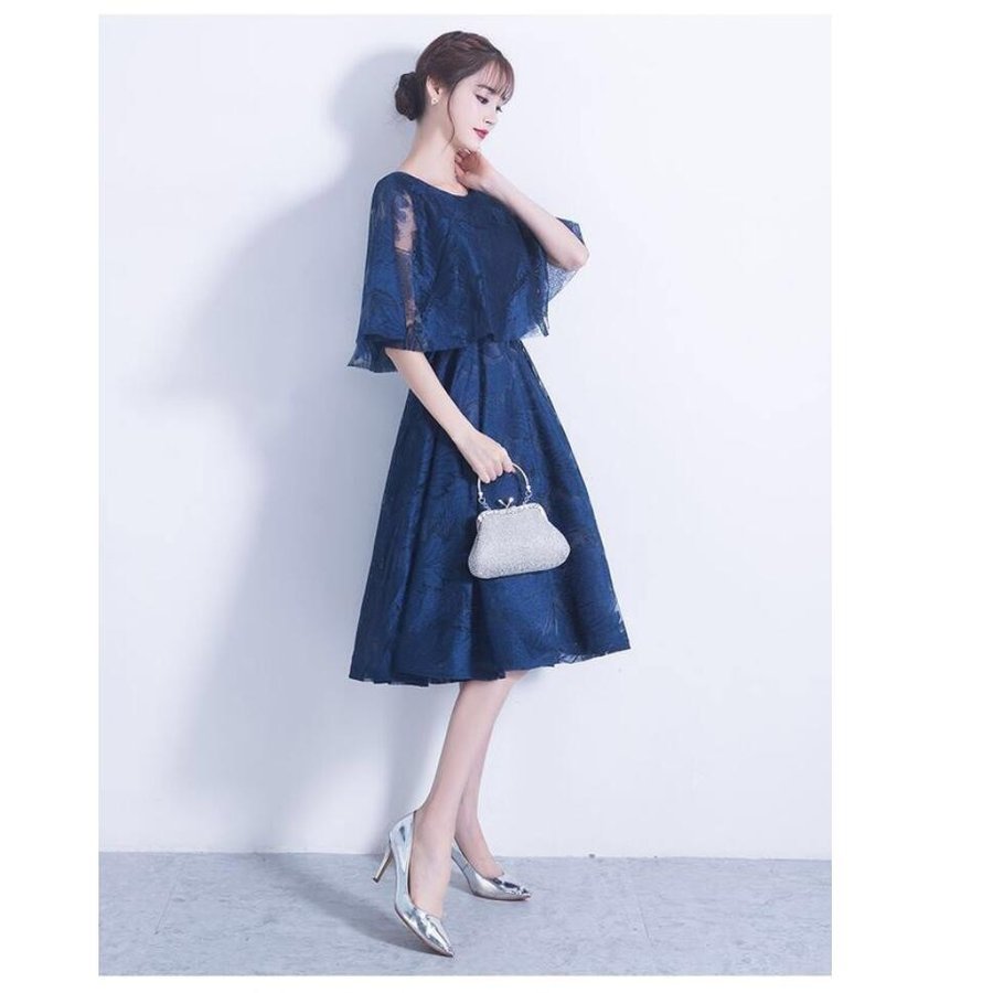 パーティードレス ミモレ丈ドレス 結婚式ワンピース 袖あり カラードレス 大きいサイズ 20代 30