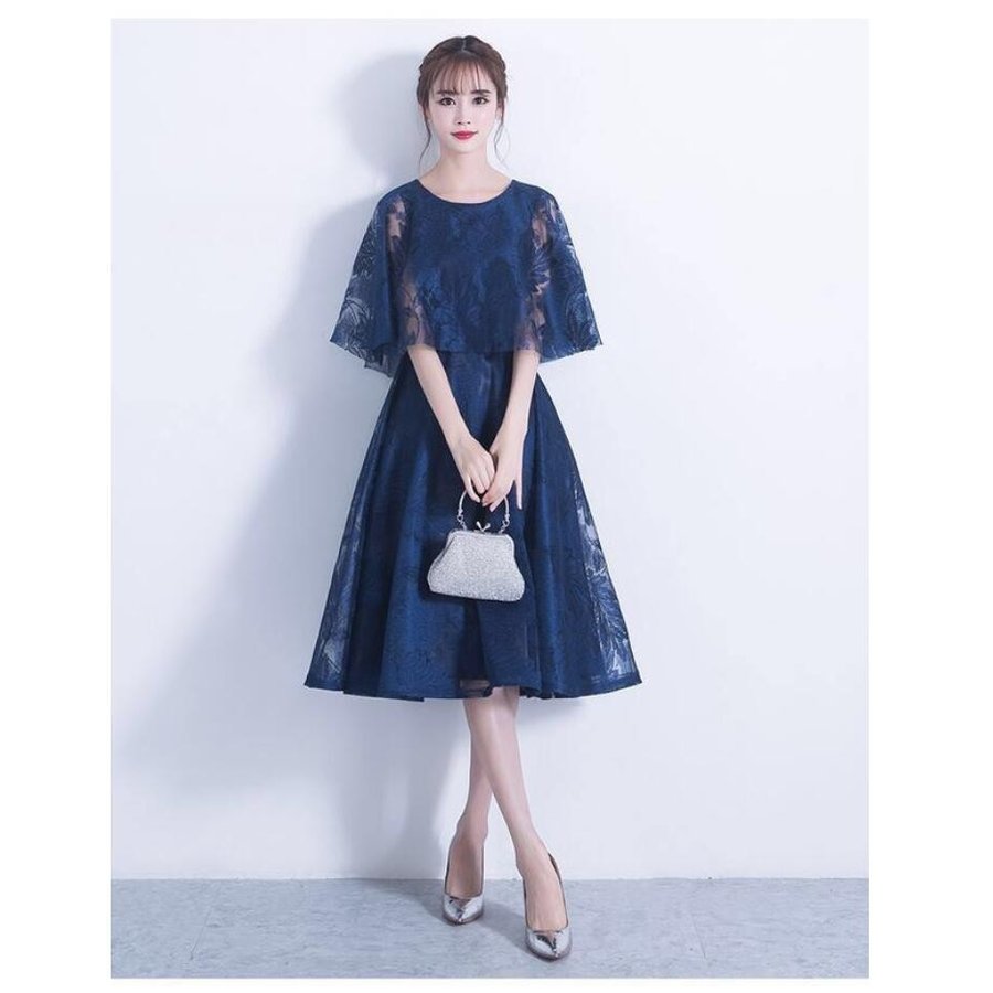 パーティードレス ミモレ丈ドレス 結婚式ワンピース 袖あり カラードレス 大きいサイズ 20代 30