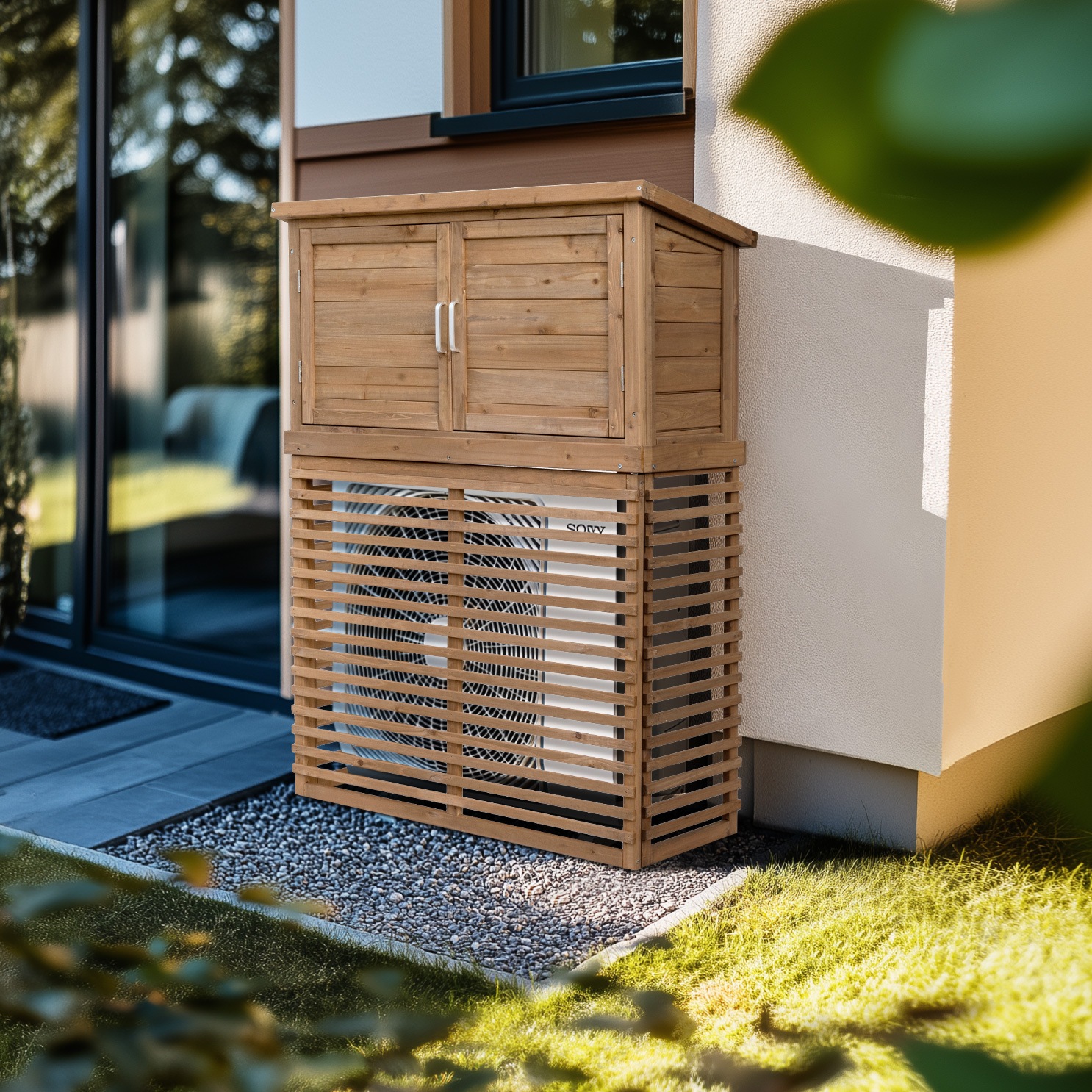 【国内出荷 - 3日配達】【収納庫付き】エアコン室外機カバー 天然木 エアコン 日よけ 棚 収納 ラック 室外機カバー ワイド 目隠し ベランダ 庭 屋外 雪 除け おしゃれ【ナチュラルブラウン】