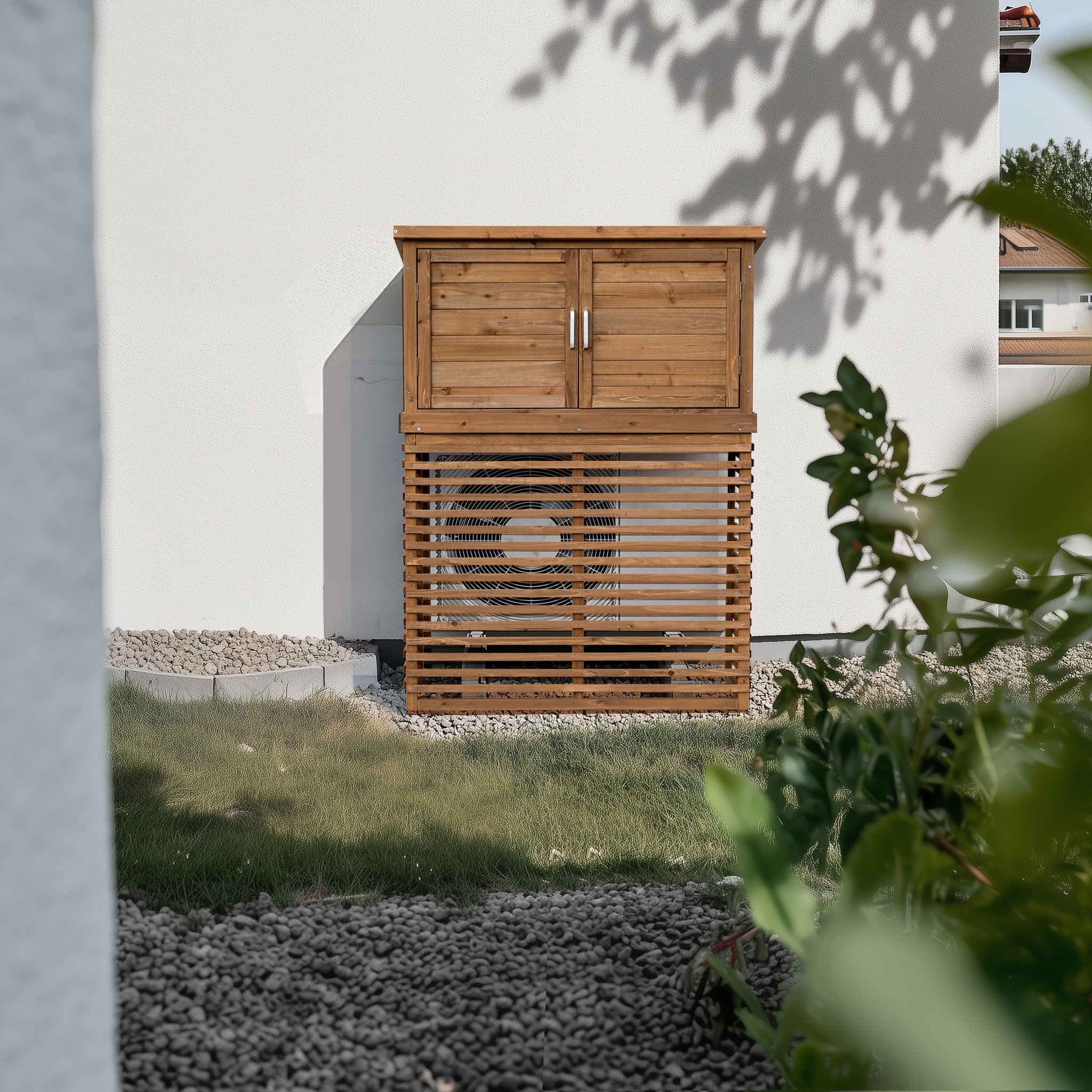 【国内出荷 - 3日配達】【収納庫付き】エアコン室外機カバー 天然木 エアコン 日よけ 棚 収納 ラック 室外機カバー ワイド 目隠し ベランダ 庭 屋外 雪 除け おしゃれ【ナチュラルブラウン】