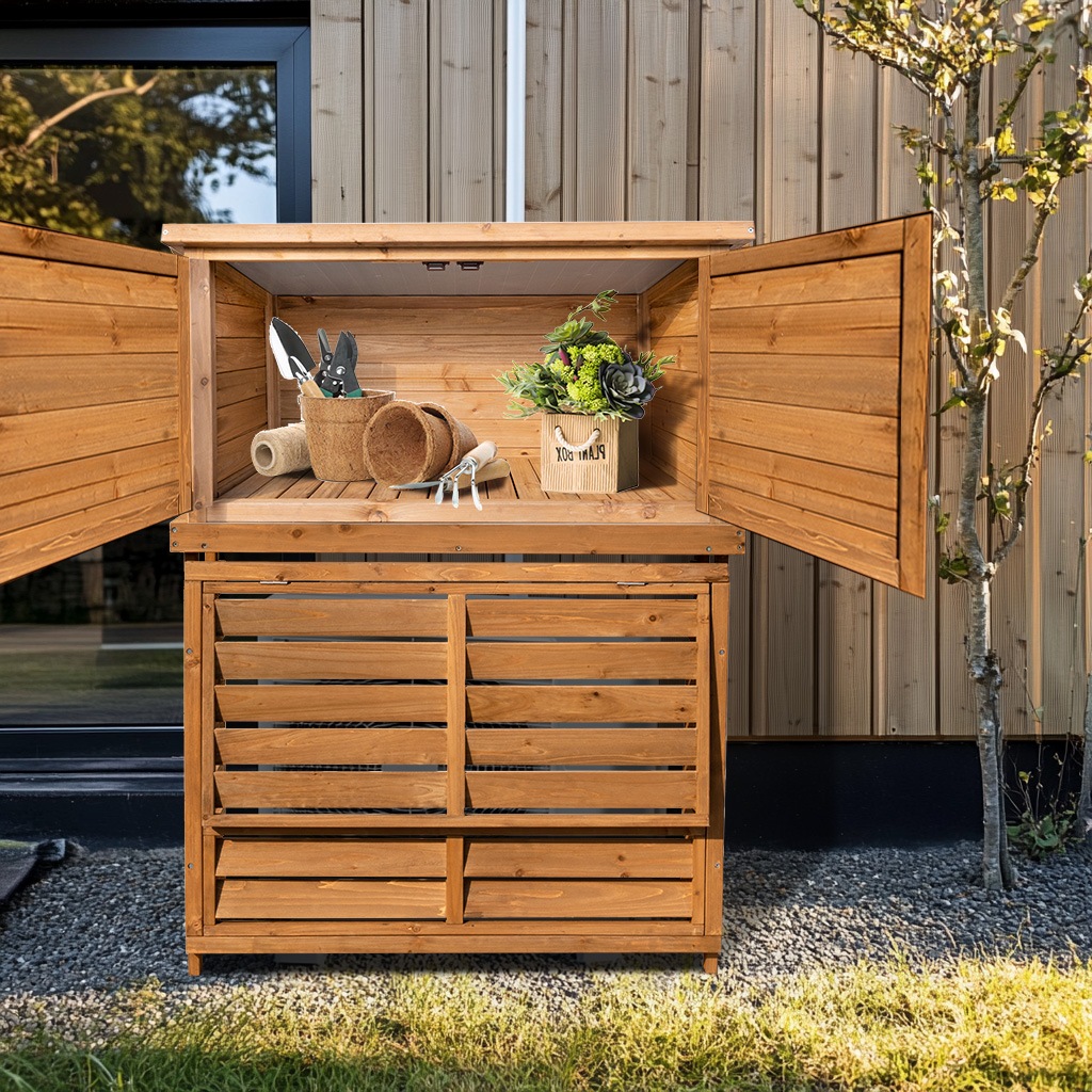 【国内出荷 - 3日配達】【収納庫付き】エアコン室外機カバー 天然木 エアコン 日よけ 棚 収納 ラック 室外機カバー ワイド 目隠し ベランダ 庭 屋外 雪 除け おしゃれ【ナチュラルブラウン】