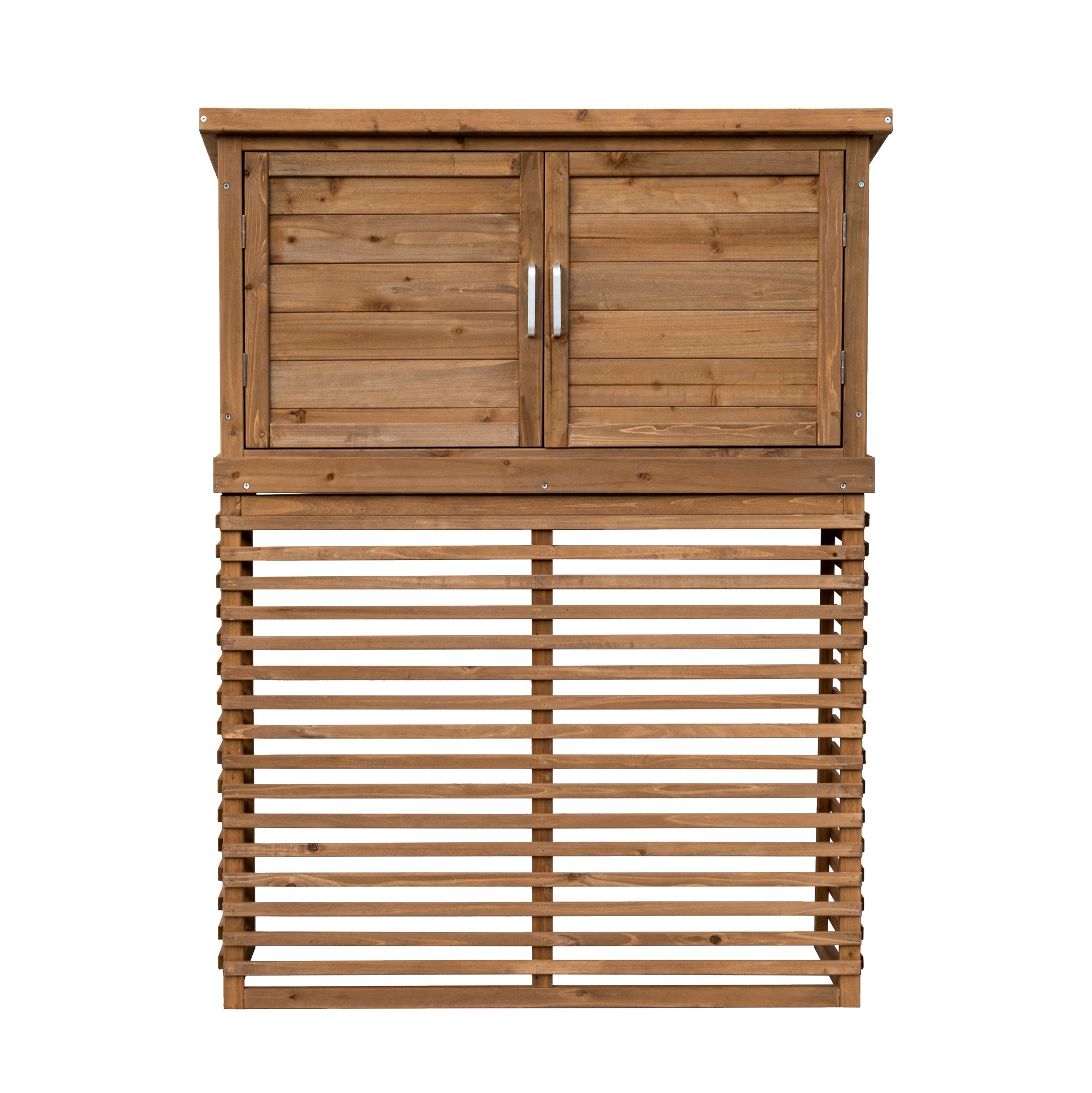 【国内出荷 - 3日配達】【収納庫付き】エアコン室外機カバー 天然木 エアコン 日よけ 棚 収納 ラック 室外機カバー ワイド 目隠し ベランダ 庭 屋外 雪 除け おしゃれ【ナチュラルブラウン】