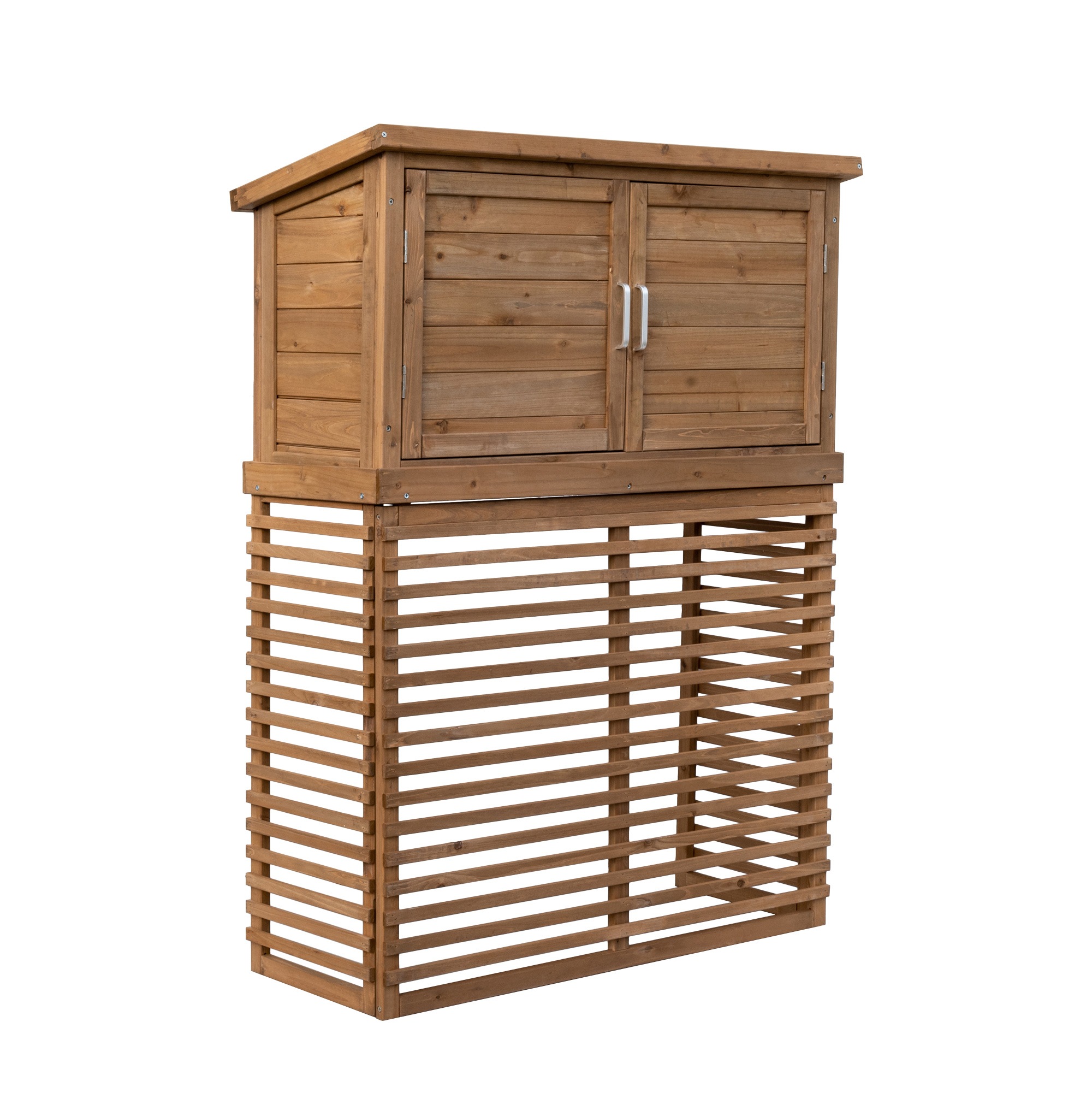 【国内出荷 - 3日配達】【収納庫付き】エアコン室外機カバー 天然木 エアコン 日よけ 棚 収納 ラック 室外機カバー ワイド 目隠し ベランダ 庭 屋外 雪 除け おしゃれ【ナチュラルブラウン】