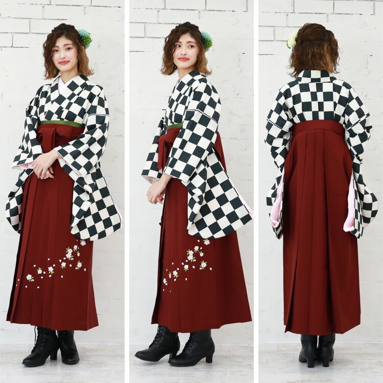 販売袴 セット 卒業式 女性 ブーツ付き16点フルセット 購入 卒業式袴セット 2尺袖着物＆袴 黒クリーム色の市松模様 ブーツ レトロ モダン 大学 販売 安い zu