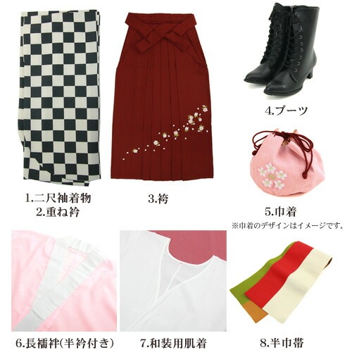 販売袴 セット 卒業式 女性 ブーツ付き16点フルセット 購入 卒業式袴セット 2尺袖着物＆袴 黒クリーム色の市松模様 ブーツ レトロ モダン 大学 販売 安い zu