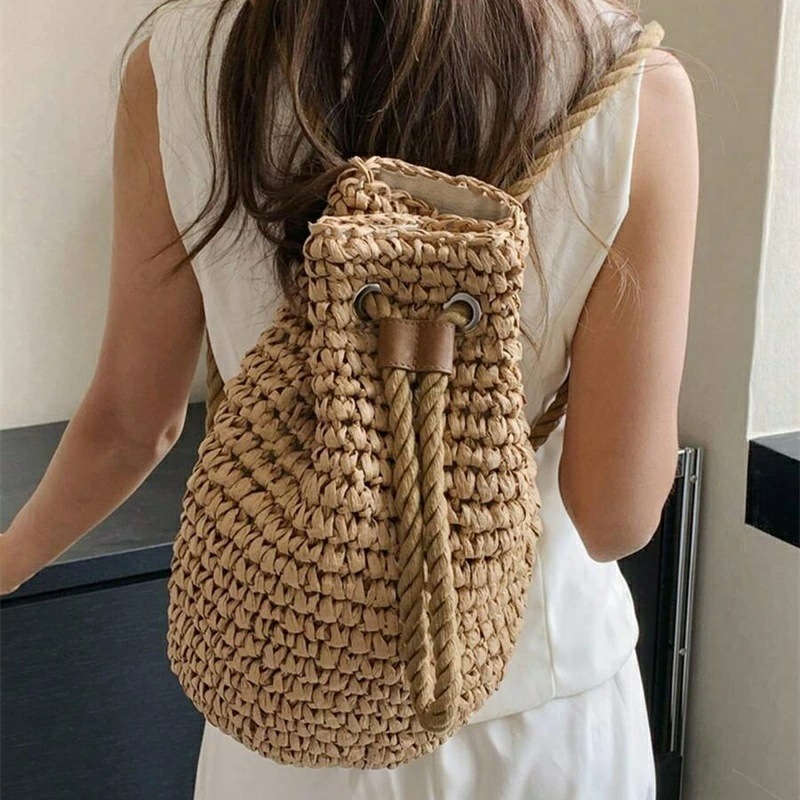 ファッショナブルな カジュアル 夏 ホリデー ソリッドカラー 草編み 折りたたみ バケツ 巾着 レディース バックパック 旅行 ホリデー アウトドア ビーチバケーション用 ファッショナブルな カジュアル 夏 ホリデー ソリッドカラー 草編み 折りたたみ バケツ 巾着 レディース バックパック 旅行 ホリデー アウトドア ビーチバケーション用