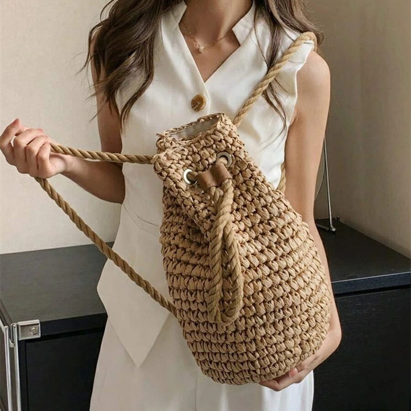 ファッショナブルな カジュアル 夏 ホリデー ソリッドカラー 草編み 折りたたみ バケツ 巾着 レディース バックパック 旅行 ホリデー アウトドア ビーチバケーション用 ファッショナブルな カジュアル 夏 ホリデー ソリッドカラー 草編み 折りたたみ バケツ 巾着 レディース バックパック 旅行 ホリデー アウトドア ビーチバケーション用