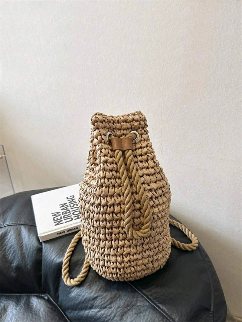 ファッショナブルな カジュアル 夏 ホリデー ソリッドカラー 草編み 折りたたみ バケツ 巾着 レディース バックパック 旅行 ホリデー アウトドア ビーチバケーション用 ファッショナブルな カジュアル 夏 ホリデー ソリッドカラー 草編み 折りたたみ バケツ 巾着 レディース バックパック 旅行 ホリデー アウトドア ビーチバケーション用