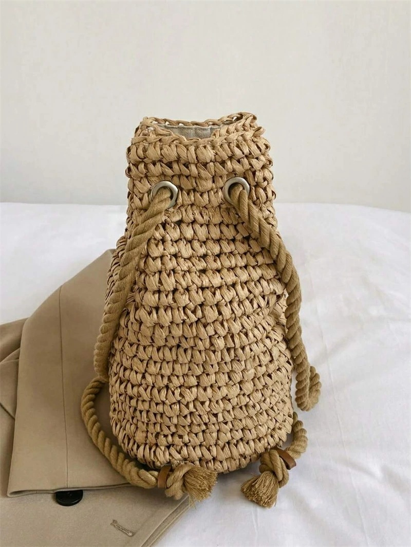 ファッショナブルな カジュアル 夏 ホリデー ソリッドカラー 草編み 折りたたみ バケツ 巾着 レディース バックパック 旅行 ホリデー アウトドア ビーチバケーション用 ファッショナブルな カジュアル 夏 ホリデー ソリッドカラー 草編み 折りたたみ バケツ 巾着 レディース バックパック 旅行 ホリデー アウトドア ビーチバケーション用