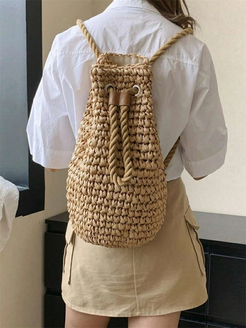 ファッショナブルな カジュアル 夏 ホリデー ソリッドカラー 草編み 折りたたみ バケツ 巾着 レディース バックパック 旅行 ホリデー アウトドア ビーチバケーション用 ファッショナブルな カジュアル 夏 ホリデー ソリッドカラー 草編み 折りたたみ バケツ 巾着 レディース バックパック 旅行 ホリデー アウトドア ビーチバケーション用