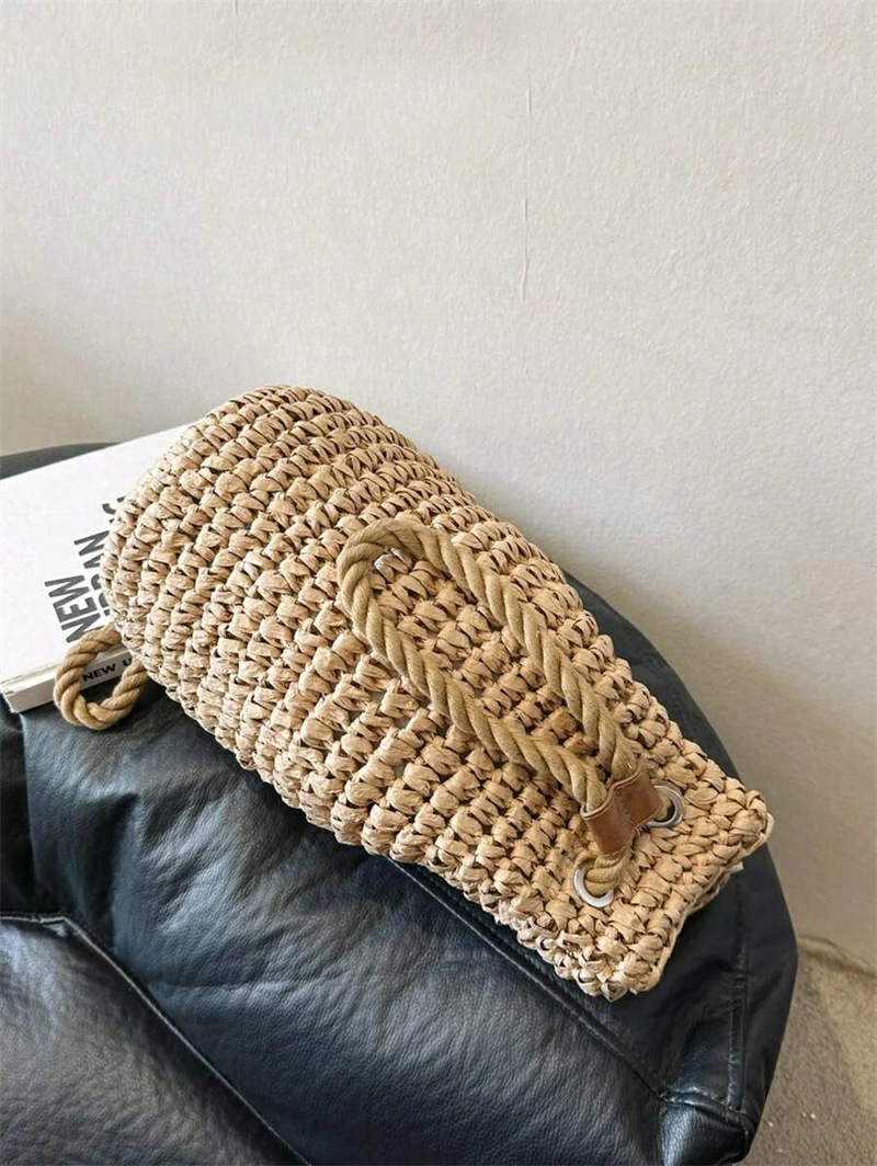 ファッショナブルな カジュアル 夏 ホリデー ソリッドカラー 草編み 折りたたみ バケツ 巾着 レディース バックパック 旅行 ホリデー アウトドア ビーチバケーション用 ファッショナブルな カジュアル 夏 ホリデー ソリッドカラー 草編み 折りたたみ バケツ 巾着 レディース バックパック 旅行 ホリデー アウトドア ビーチバケーション用