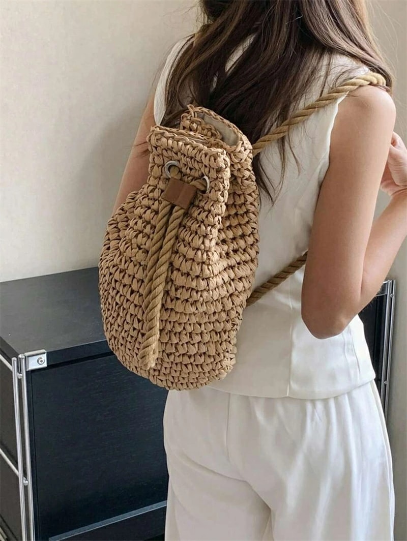 ファッショナブルな カジュアル 夏 ホリデー ソリッドカラー 草編み 折りたたみ バケツ 巾着 レディース バックパック 旅行 ホリデー アウトドア ビーチバケーション用 ファッショナブルな カジュアル 夏 ホリデー ソリッドカラー 草編み 折りたたみ バケツ 巾着 レディース バックパック 旅行 ホリデー アウトドア ビーチバケーション用
