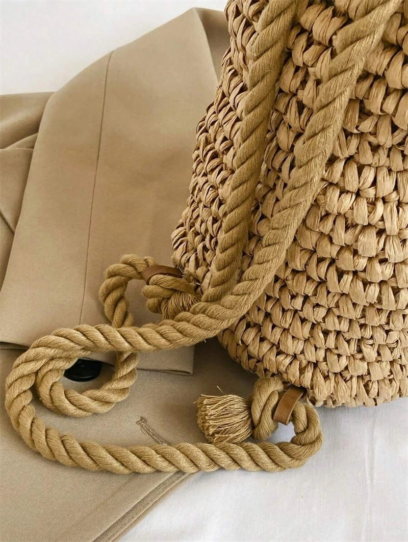 ファッショナブルな カジュアル 夏 ホリデー ソリッドカラー 草編み 折りたたみ バケツ 巾着 レディース バックパック 旅行 ホリデー アウトドア ビーチバケーション用 ファッショナブルな カジュアル 夏 ホリデー ソリッドカラー 草編み 折りたたみ バケツ 巾着 レディース バックパック 旅行 ホリデー アウトドア ビーチバケーション用