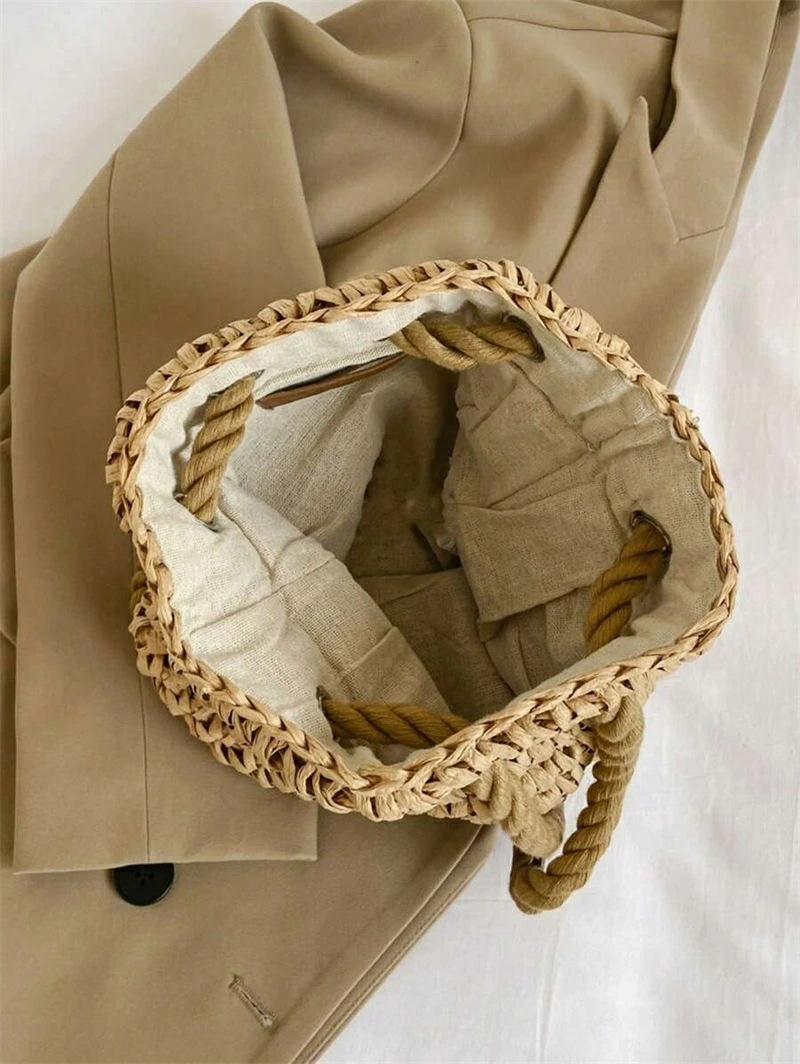 ファッショナブルな カジュアル 夏 ホリデー ソリッドカラー 草編み 折りたたみ バケツ 巾着 レディース バックパック 旅行 ホリデー アウトドア ビーチバケーション用 ファッショナブルな カジュアル 夏 ホリデー ソリッドカラー 草編み 折りたたみ バケツ 巾着 レディース バックパック 旅行 ホリデー アウトドア ビーチバケーション用