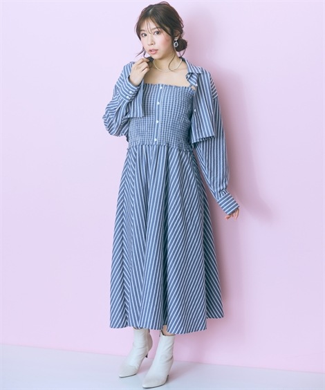 ミニ・ひざ丈/半袖 大きいサイズ 2点セット ストライプシャツ+ワンピース marun ミニ・ひざ丈/半袖 大きいサイズ 2点セット ストライプシャツ+ワンピース marun