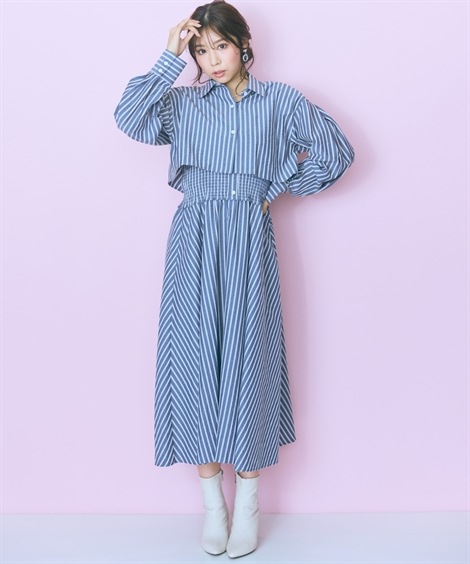 ミニ・ひざ丈/半袖 大きいサイズ 2点セット ストライプシャツ+ワンピース marun ミニ・ひざ丈/半袖 大きいサイズ 2点セット ストライプシャツ+ワンピース marun