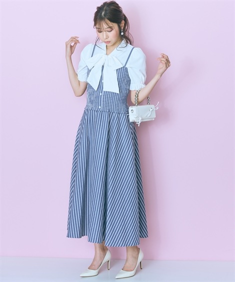 ミニ・ひざ丈/半袖 大きいサイズ 2点セット ストライプシャツ+ワンピース marun ミニ・ひざ丈/半袖 大きいサイズ 2点セット ストライプシャツ+ワンピース marun