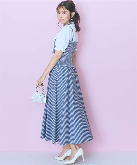 ミニ・ひざ丈/半袖 大きいサイズ 2点セット ストライプシャツ+ワンピース marun ミニ・ひざ丈/半袖 大きいサイズ 2点セット ストライプシャツ+ワンピース marun