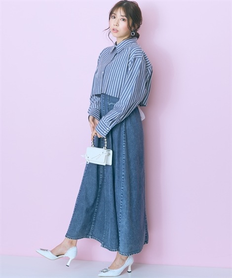 ミニ・ひざ丈/半袖 大きいサイズ 2点セット ストライプシャツ+ワンピース marun ミニ・ひざ丈/半袖 大きいサイズ 2点セット ストライプシャツ+ワンピース marun