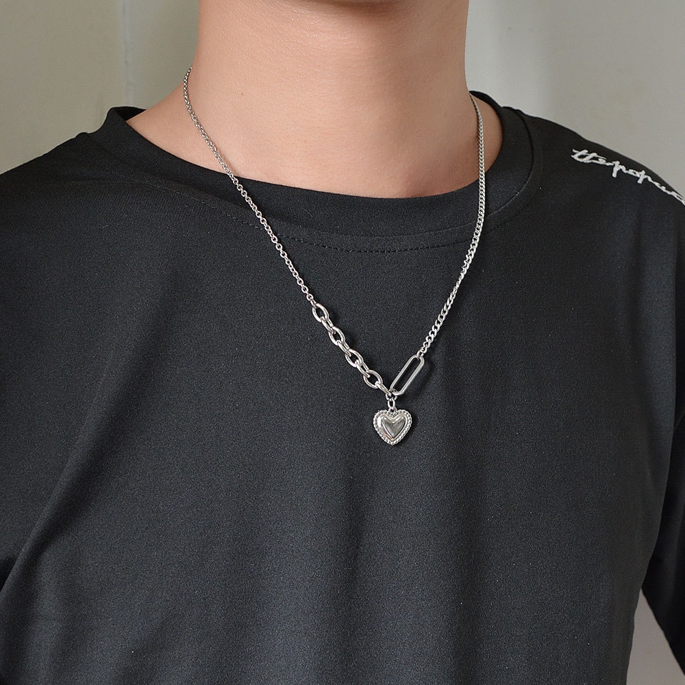 チタンスチールシンプルチェーンスプライシングネックレスメスビーズスムースラブハートペンダン