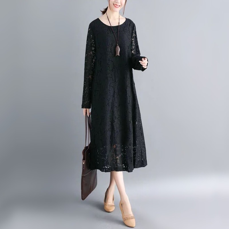 ワンピース ロング丈 袖あり 半袖 ラウンドネック 襟なし ルーズ A