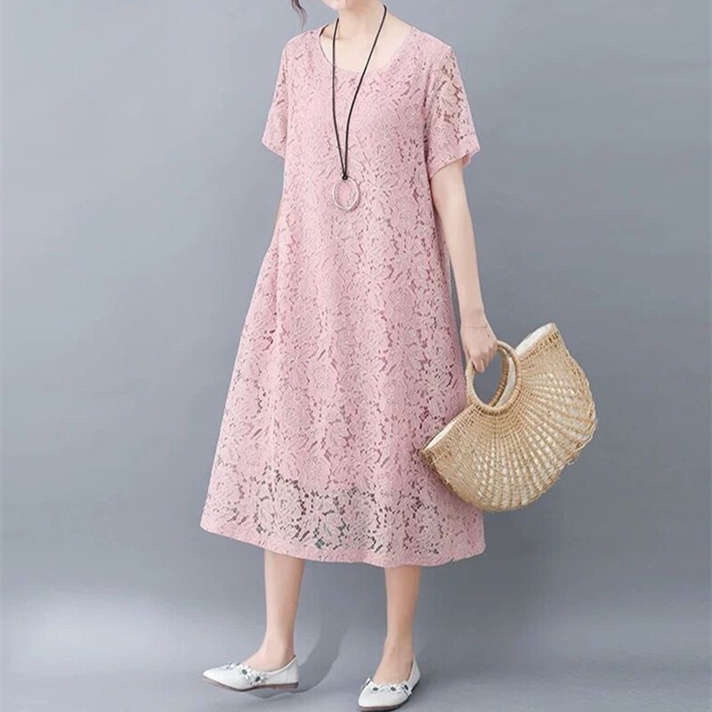 ワンピース ロング丈 袖あり 半袖 ラウンドネック 襟なし ルーズ Aライン レース ふわふわ 透け感 プルオーバー 薄手 大人可愛い きれいめ シンプル カジュアル 上品 かっこいい レトロ 大人 ワンピース ロング丈 袖あり 半袖 ラウンドネック 襟なし ルーズ A