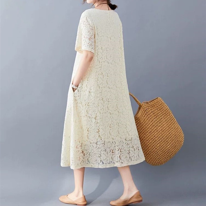 ワンピース ロング丈 袖あり 半袖 ラウンドネック 襟なし ルーズ Aライン レース ふわふわ 透け感 プルオーバー 薄手 大人可愛い きれいめ シンプル カジュアル 上品 かっこいい レトロ 大人 ワンピース ロング丈 袖あり 半袖 ラウンドネック 襟なし ルーズ A