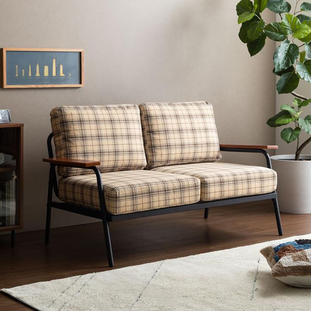 チェック柄２人掛けソファ　ソファー　２人掛け　コンパクト　二人　２Ｐ　チェック柄　省スペース　小さめ　天然木　肘掛け　アームレス