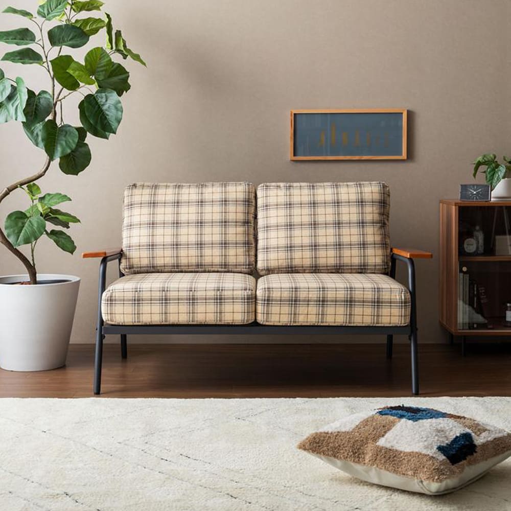 チェック柄２人掛けソファ　ソファー　２人掛け　コンパクト　二人　２Ｐ　チェック柄　省スペース　小さめ　天然木　肘掛け　アームレス