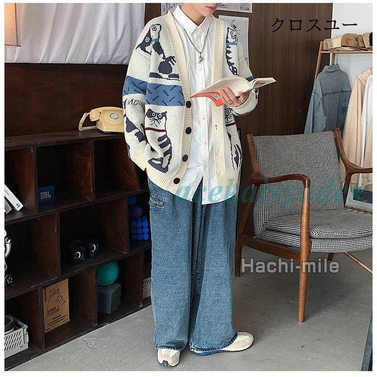 カーディガン メンズ 大きいサイズ ニット ニットカーディガン ニットセーター 猫柄 Vネーク レディース お兄系