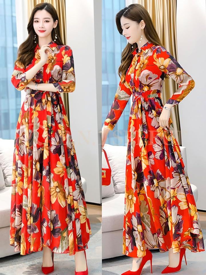 ワンピース レディース 春 秋 ロング きれいめ Aライン 花柄 裏地あり BN227 RED( レッド, 2XL) ワンピース レディース 春 秋 ロング きれいめ Aライン 花柄 裏地あり BN227 RED( レッド, 2XL)