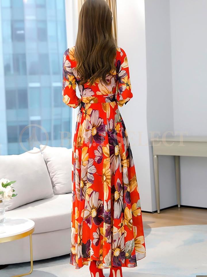 ワンピース レディース 春 秋 ロング きれいめ Aライン 花柄 裏地あり BN227 RED( レッド, 2XL) ワンピース レディース 春 秋 ロング きれいめ Aライン 花柄 裏地あり BN227 RED( レッド, 2XL)