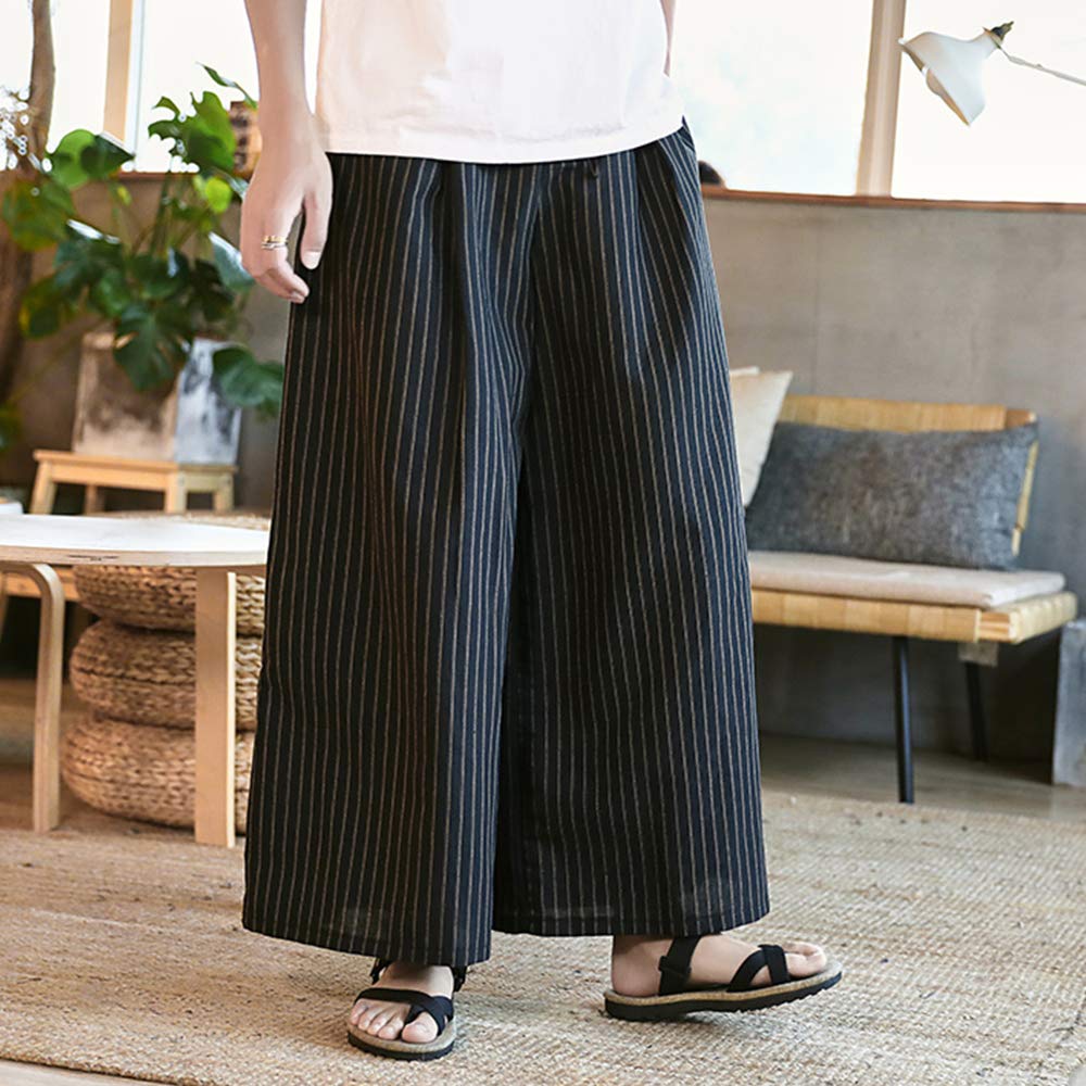 [YIMANIE] ワイドパンツ 袴パンツ メンズ ガチョウパンツ 和式ズボン ビッグシルエット ゆるゆる ゴム 紐 無地 ストライプ 男女兼用 衣装 大きいサイズ ルームウェア