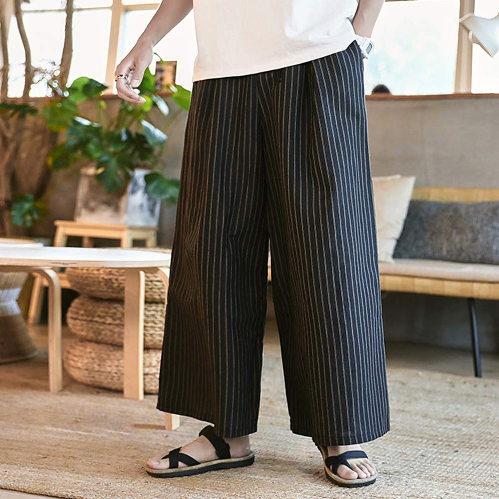 [YIMANIE] ワイドパンツ 袴パンツ メンズ ガチョウパンツ 和式ズボン ビッグシルエット ゆるゆる ゴム 紐 無地 ストライプ 男女兼用 衣装 大きいサイズ ルームウェア