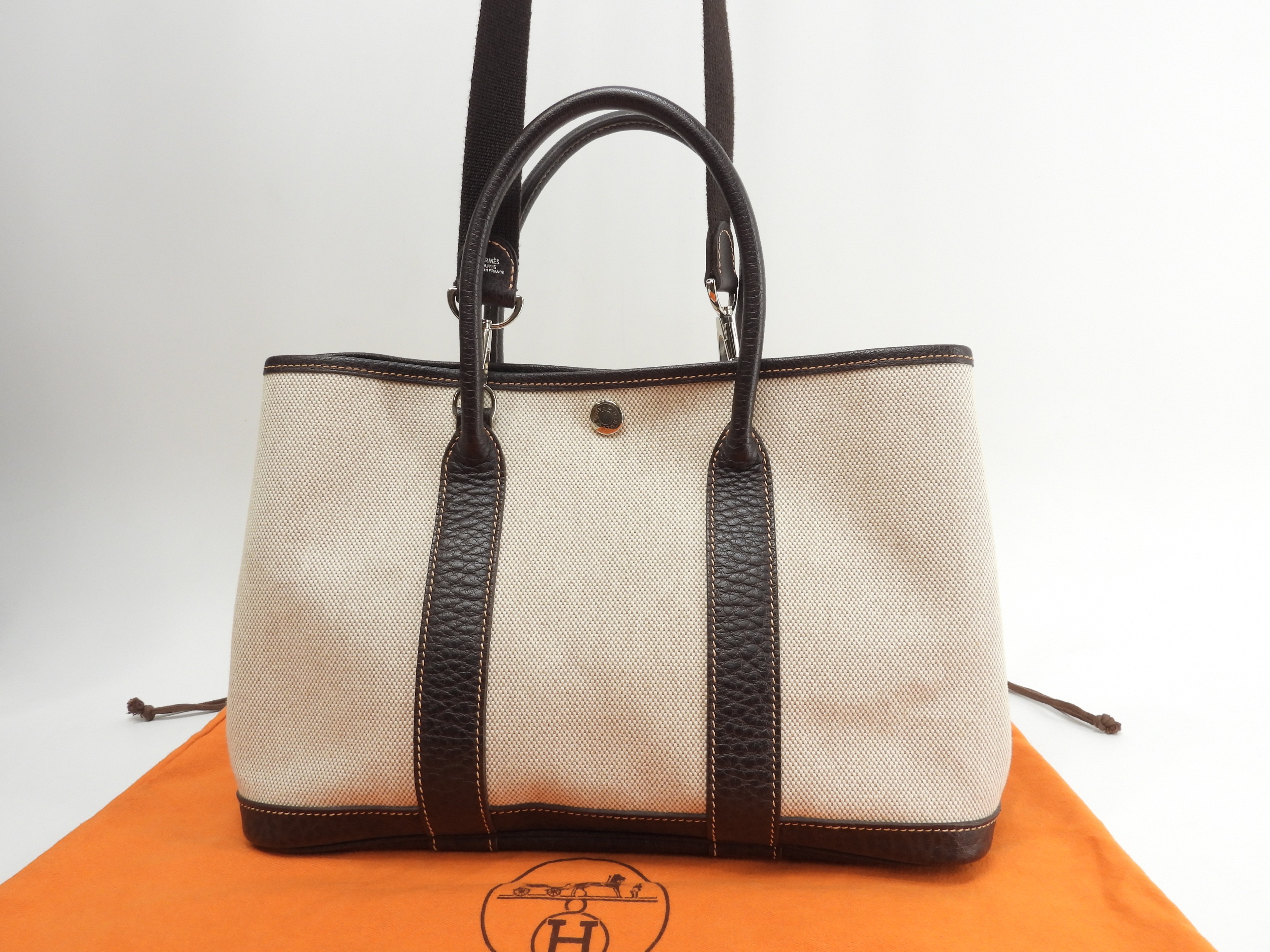 ガーデンパーティTPM トワルアッシュPM/レザー 白茶 s付ハンドバッグ 美品@I ガーデンパーティTPM トワルアッシュPM/レザー 白茶 s付ハンドバッグ 美品@I