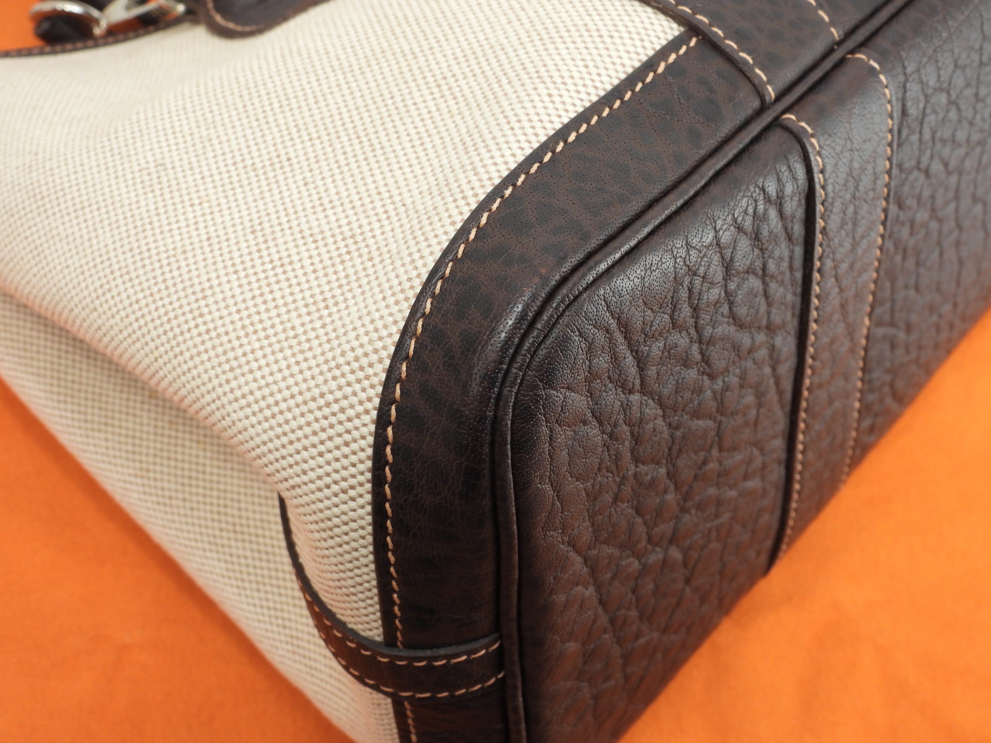 ガーデンパーティTPM トワルアッシュPM/レザー 白茶 s付ハンドバッグ 美品@I ガーデンパーティTPM トワルアッシュPM/レザー 白茶 s付ハンドバッグ 美品@I