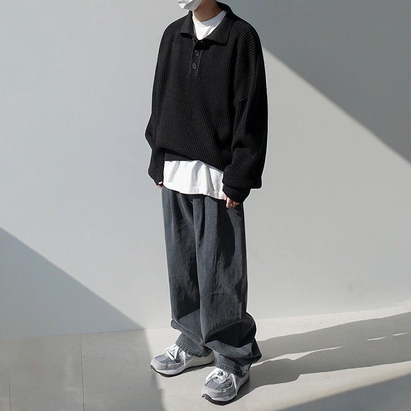 ソリッドカラーのプルオーバーオーバーサイズジャンパーの緩いトレンドのニットポロシャツメンズとの韓国語バージョン ソリッドカラーのプルオーバーオーバーサイズジャンパーの緩いトレンドのニットポロシャツメンズとの韓国語バージョン