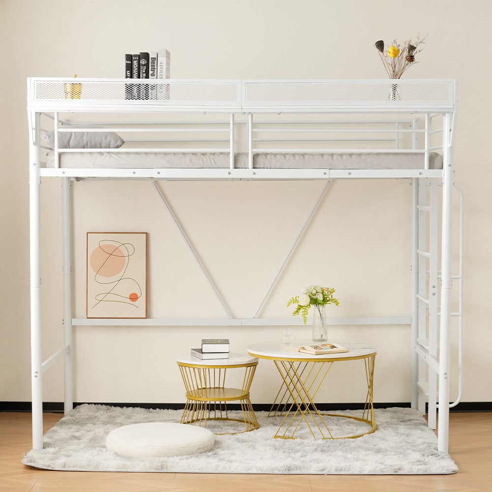 【送.料.無.料！】【国内発送】【ブラック】システムベット 宮棚　ロフトベッド シングル 手すり付き階段 便利な側面収納 北欧風 大人用　 スチール 耐震